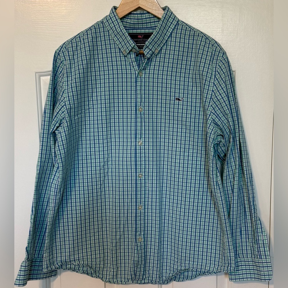 Vineyard Vines Slim Fit Whale Shirt Blue Green Check Cotton Button Down L